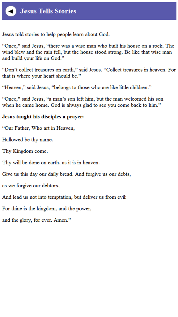 Captura de pantalla de la aplicación Últimas Historias de la Biblia que muestra una página titulada Jesús Cuenta Historias con parábolas y el Padre Nuestro escrito en lenguaje sencillo para niños.