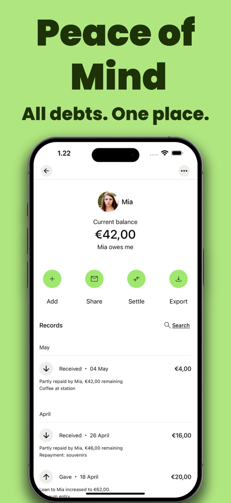 Loan Tracker: You Owe Me - Mobile app interface showing current debt balance and transaction history for a contact named Mia