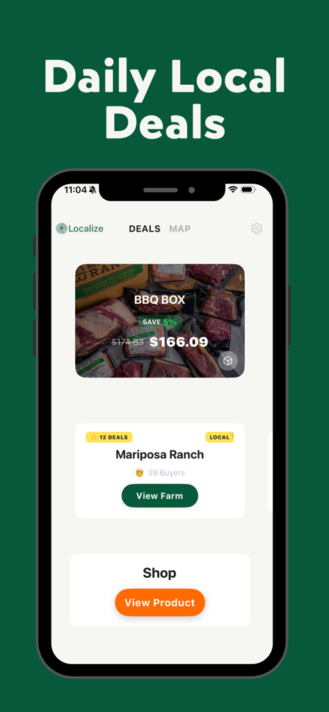 Localize - Farmers Market - Une capture d'écran de l'application Localize montrant une offre quotidienne pour un coffret de viande barbecue de Mariposa Ranch.