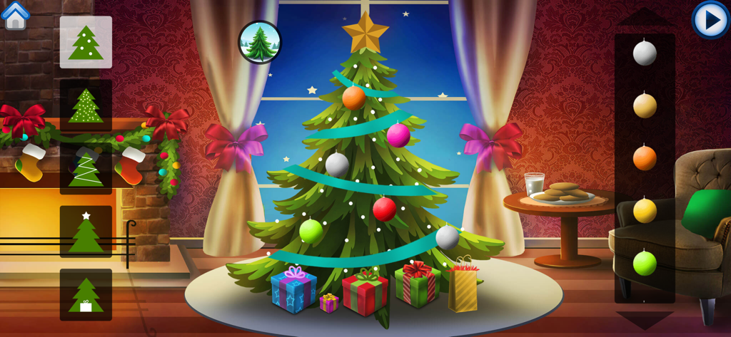 Interactive Christmas tree decoration game for toddlers featuring ornaments and presents in a cozy living room.