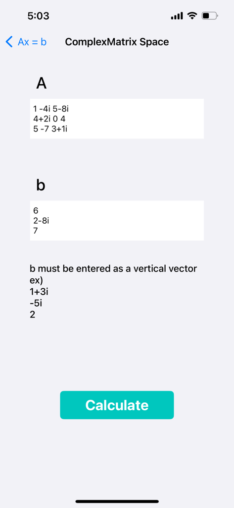 n Matrix Calculator - Simultaneous equation solver interface for complex matrices