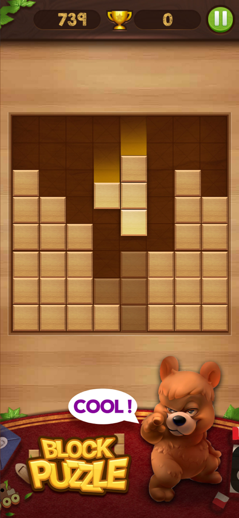 Block Puzzle Wood - A screenshot of Block Puzzle Wood gameplay featuring a wooden tile grid and a friendly bear mascot