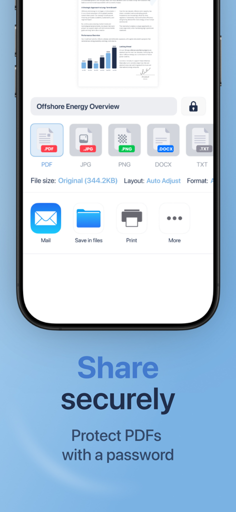 Scanner : PDF Scanner. - Mobile app interface showing secure document sharing options and PDF password protection