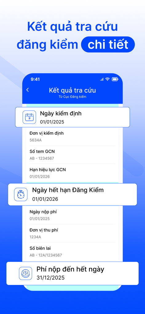 Tra cứu phạt nguội toàn quốc. - A detailed mobile app screen showing vehicle inspection and registration results including expiration dates and fee payment history.