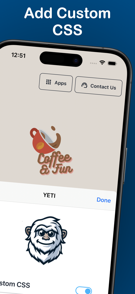 YETI - Custom CSS - Uma captura de tela móvel do aplicativo YETI mostrando o recurso Adicionar CSS Personalizado em um iPhone
