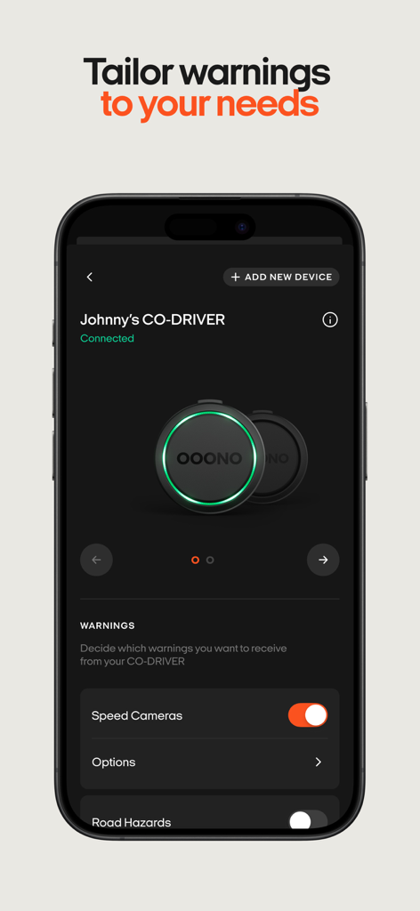OOONO app screen showing custom settings for speed camera and road hazard warnings on the CO-DRIVER device