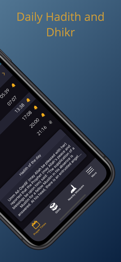 Affichage de l'application Salaat First montrant le hadith du jour et une liste des horaires de prière