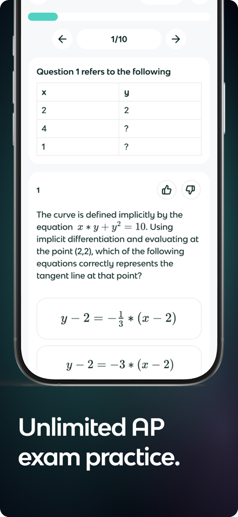 Knowt 앱 화면은 객관식 답안이 있는 AP 수학 연습 문제를 표시합니다.