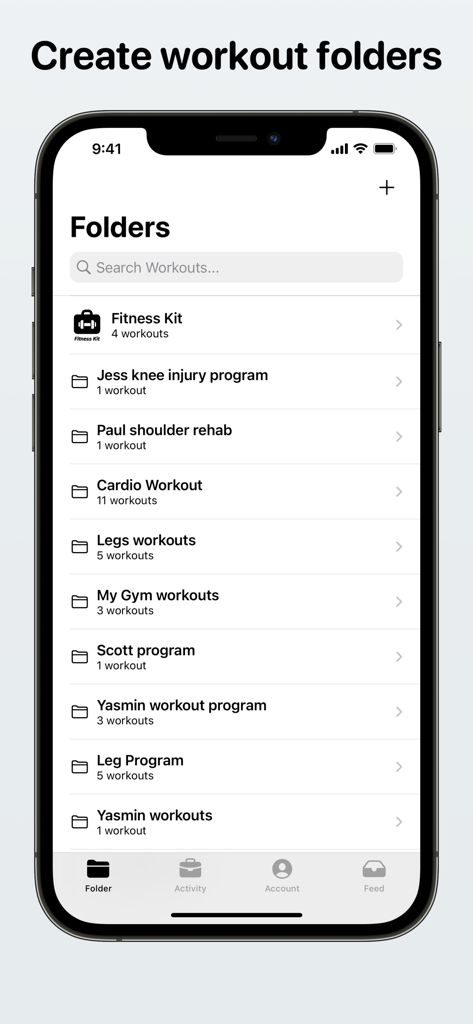 Mobile app interface showing organized workout folders for different fitness programs and personal trainer clients.