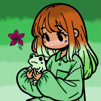 girl with long hair and a oversized shirt. and she is holding a frog