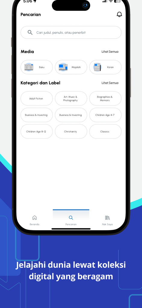 DiLA Digital Library - Search screen of DiLA Digital Library app featuring media categories and genre labels