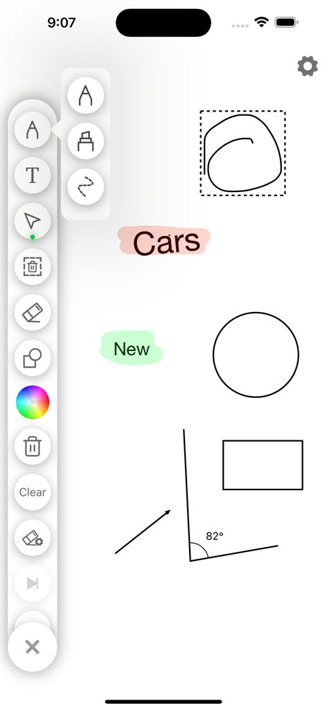 Virtual Whiteboard - Interface do aplicativo Quadro Branco Virtual mostrando uma barra lateral com ferramentas de desenho e uma tela com formas geométricas e anotações de texto