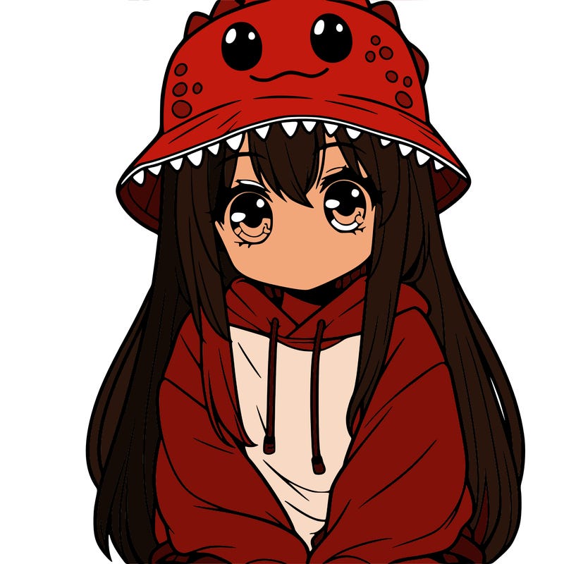 girl with anime shaped eyes with a dinosaur bucket hat oversized sweatshirt long straight hair