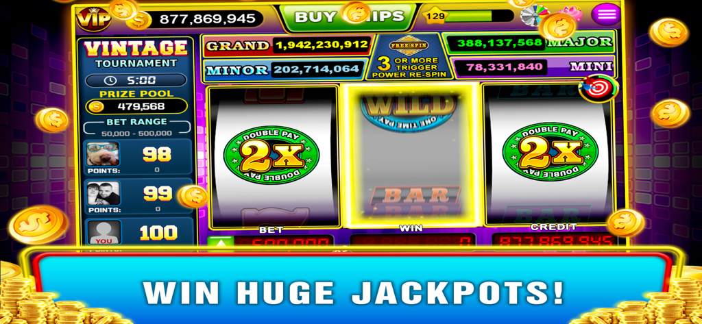 ビンテージスロットのクラシックなラスベガススロットマシンゲームプレイ画面。巨大なジャックポットとビンテージトーナメントリーダーボードが表示されています