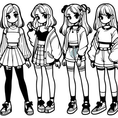 one girl with crop-top shirt and a jacket with a skirt, long socks and another girl with a shirt and pants with a jacket