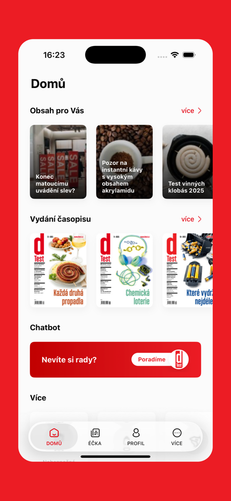 dTest - Home screen of the dTest consumer protection app showing shopping guides and product tests