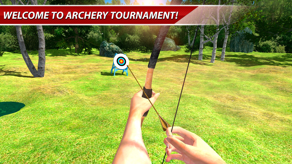 First-person view of an archer aiming a bow at a bullseye target in a forest
