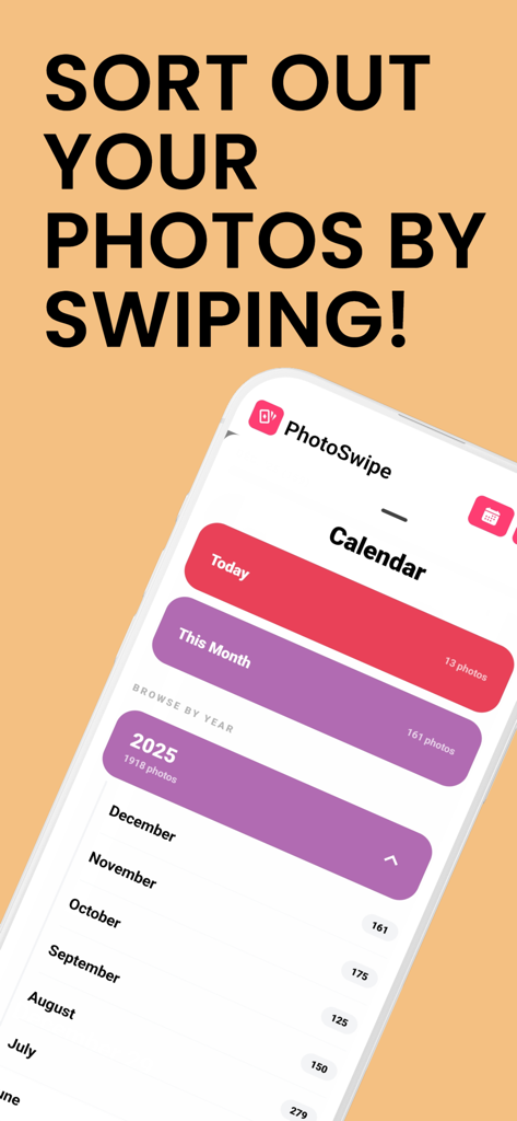 Photo Cleaner Pro: PhotoSwipe - Interface of PhotoSwipe app showing photo organization by month and year