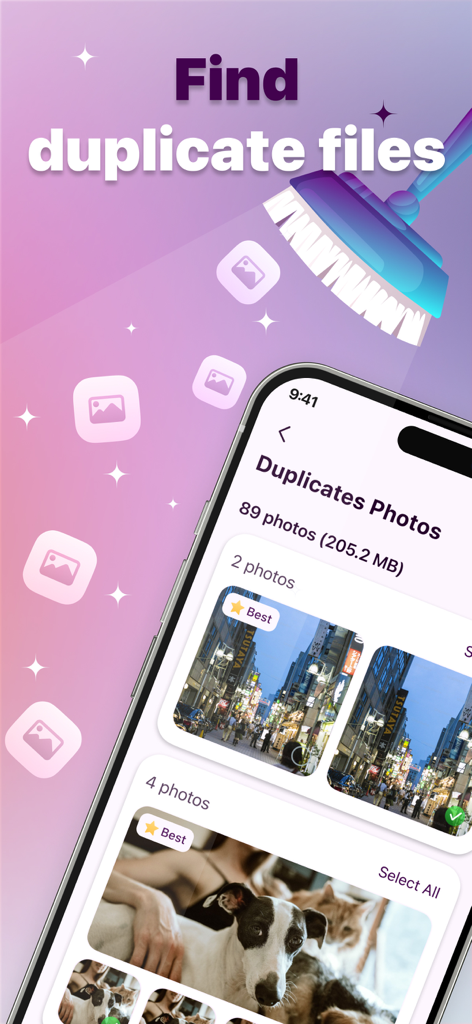Expandify app screen showing duplicate photo identification and storage saving features with a broom cleaning graphic