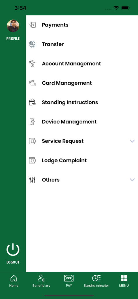 DIB Pakistan - Main menu of DIB Pakistan mobile app displaying options for payments transfers and account management