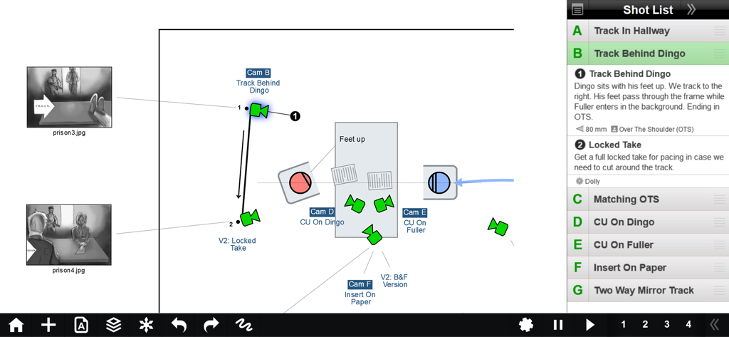 Interfaccia dell'app Shot Designer che mostra un diagramma di blocking della telecamera con movimenti dei personaggi e una shot list integrata