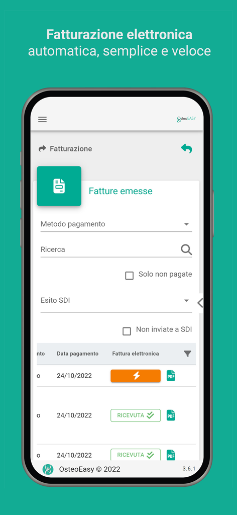 Schermata dell'app OsteoEasy che mostra la fatturazione elettronica automatica e il monitoraggio dello stato SDI per i professionisti sanitari.
