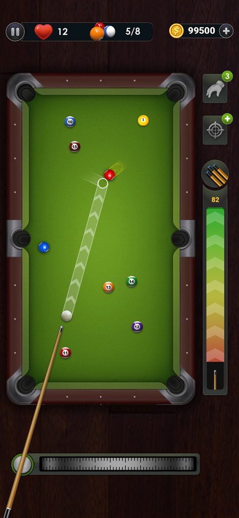 A top down view of a green pool table in Billiards City showing a cue stick aiming a shot with an onscreen guide
