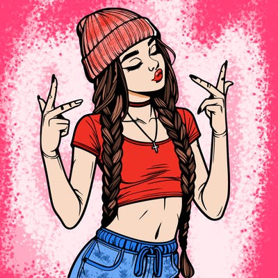 realistic teenage girl with braids and a beanie and crop top doing 🫶🏼