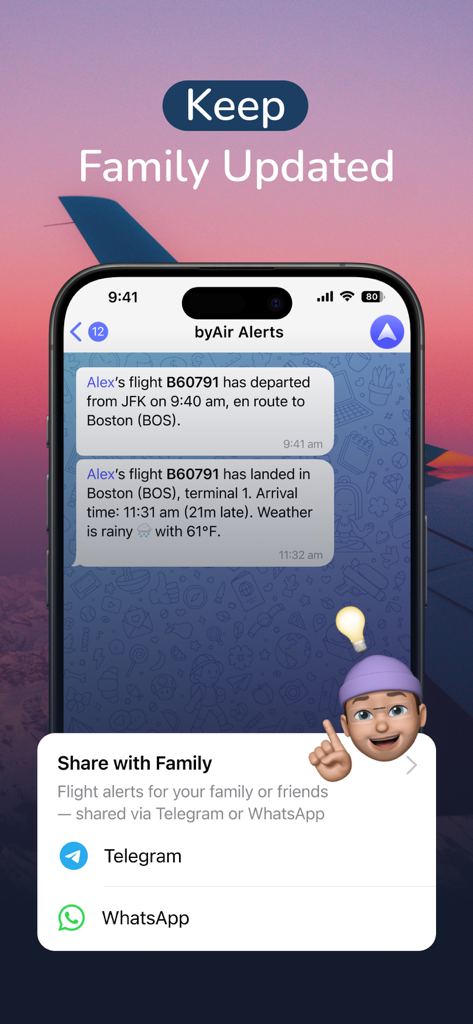 byAir: Live Flight Tracker - A mobile app interface showing flight departure and landing alerts being shared with family through Telegram and WhatsApp