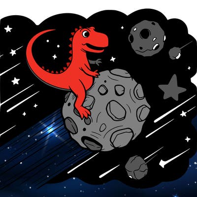 dinosaur riding a meteorite in space