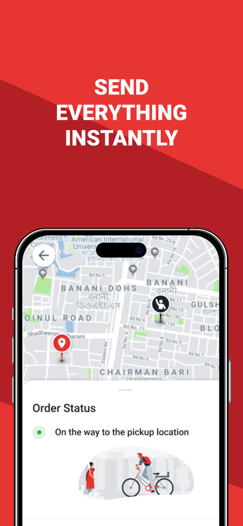 Pathao app interface showing real-time parcel tracking and delivery status on a map.