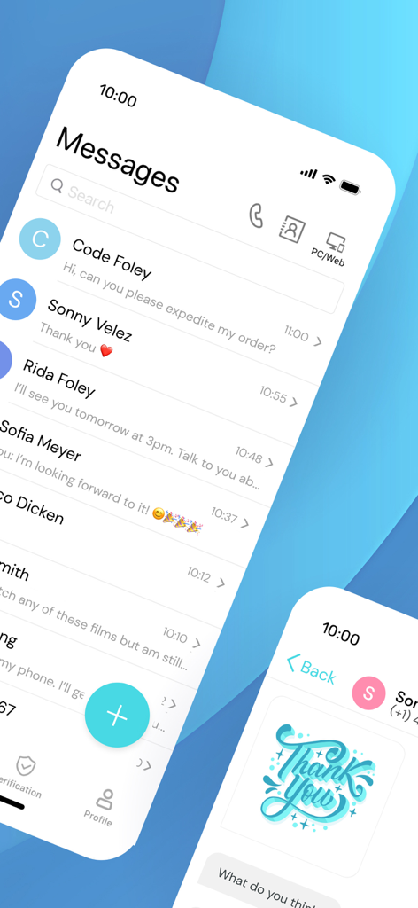 Interfaz de la aplicación PingMe que muestra una bandeja de entrada de mensajes y una conversación de chat privada.