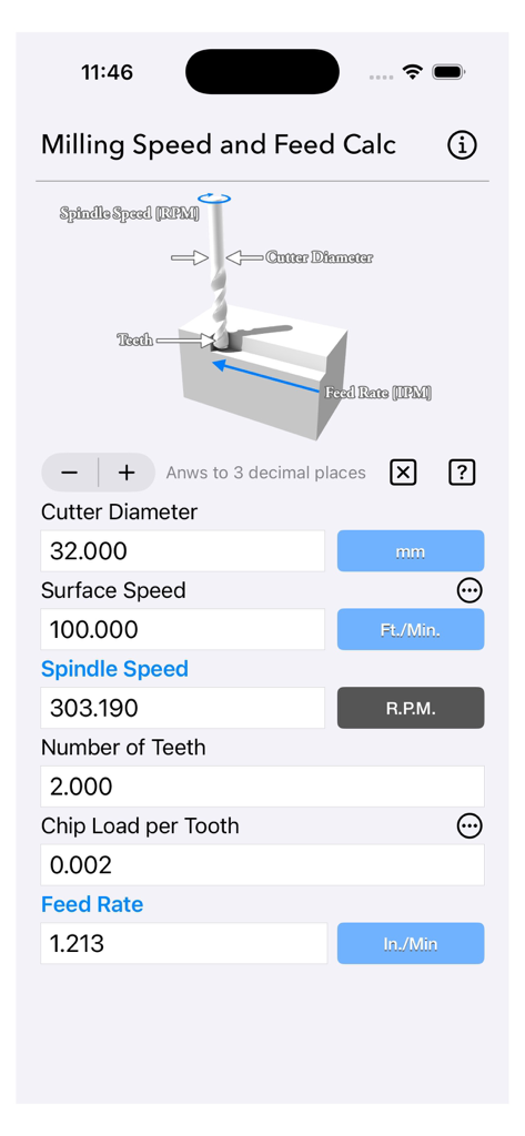 Mobile app interface for calculating milling spindle speed and feed rate with a machining diagram.