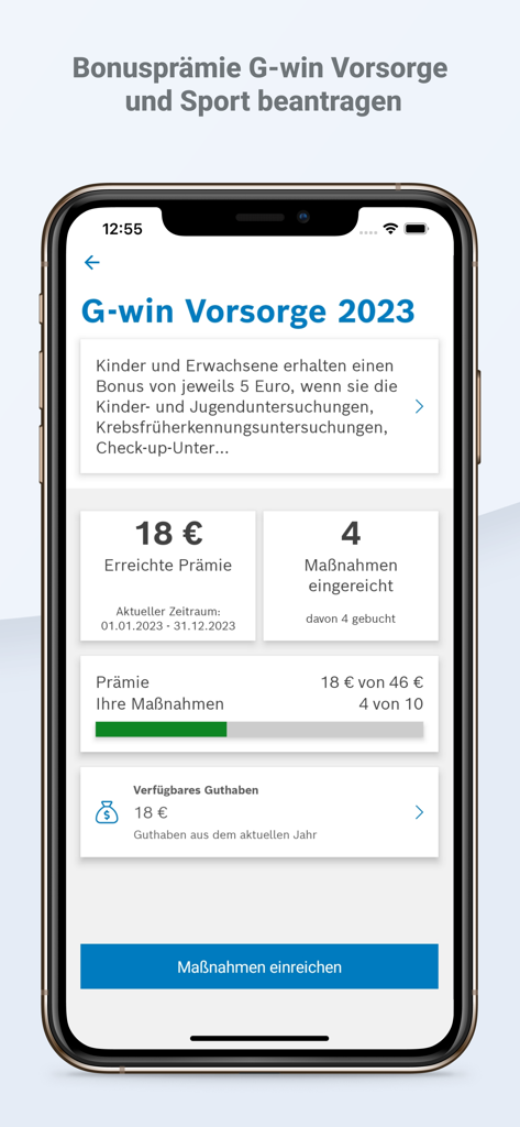 Bosch BKK app dashboard showing health bonus rewards and status