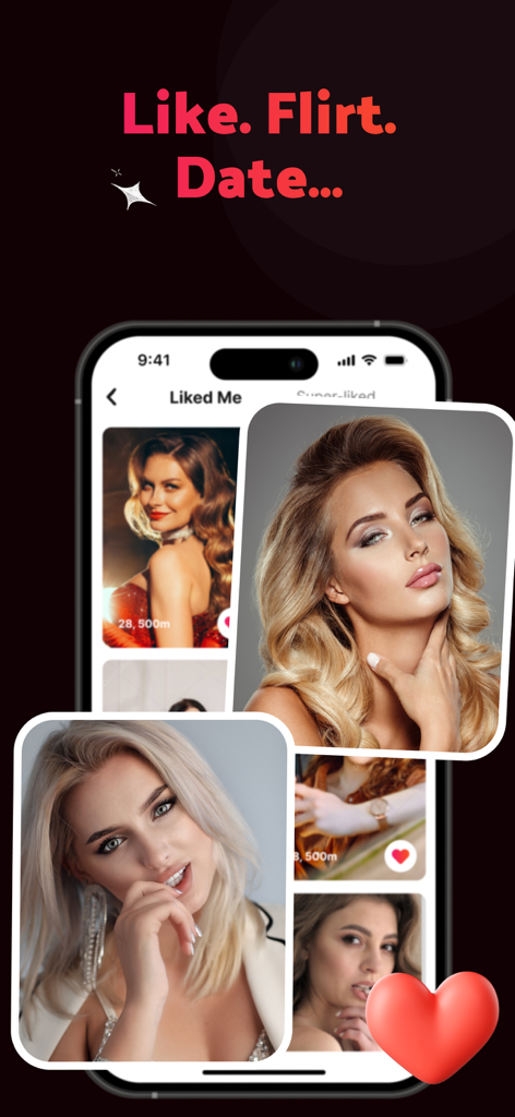 Cougar Dating App - CougarD - Interface of the CougarD dating app showing profiles of attractive women with the text Like Flirt Date