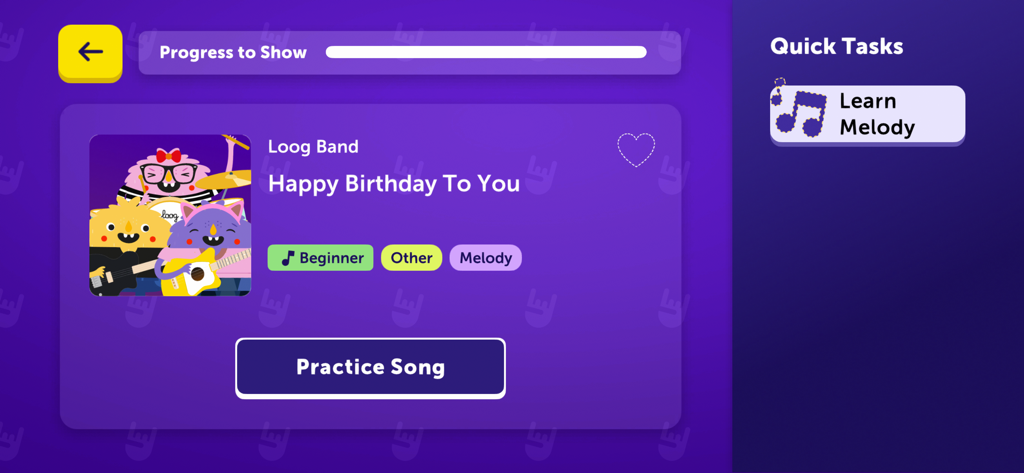Interface of the Loog Guitar app showing a song practice screen for Happy Birthday To You with colorful cartoon monsters