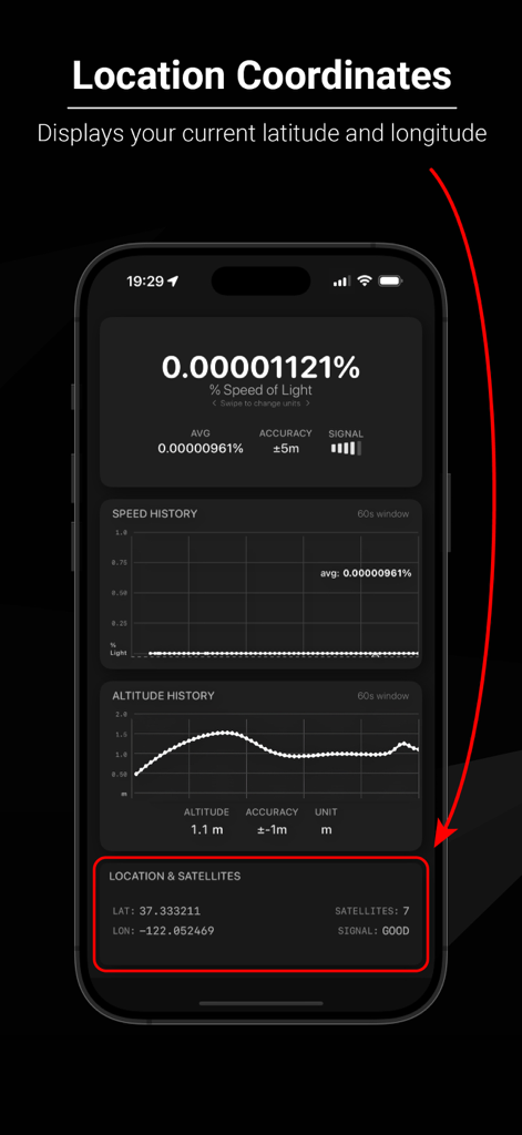 Speed Dash - Speed Dash app displaying latitude longitude and GPS satellite signal strength