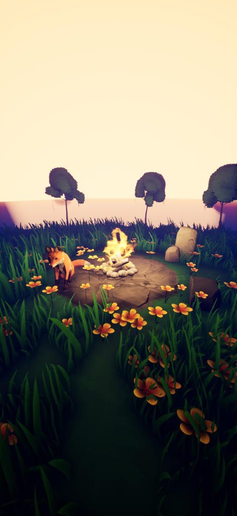 A fox sitting by a campfire in a peaceful meadow with orange flowers in The Playne meditation app