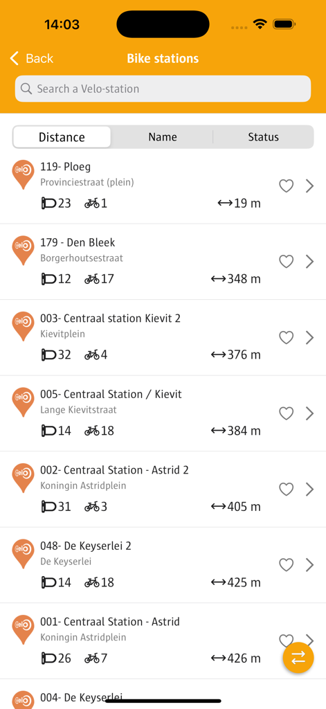 Velo Antwerpen - List of nearby Velo Antwerpen bike sharing stations with real-time bike and slot availability.