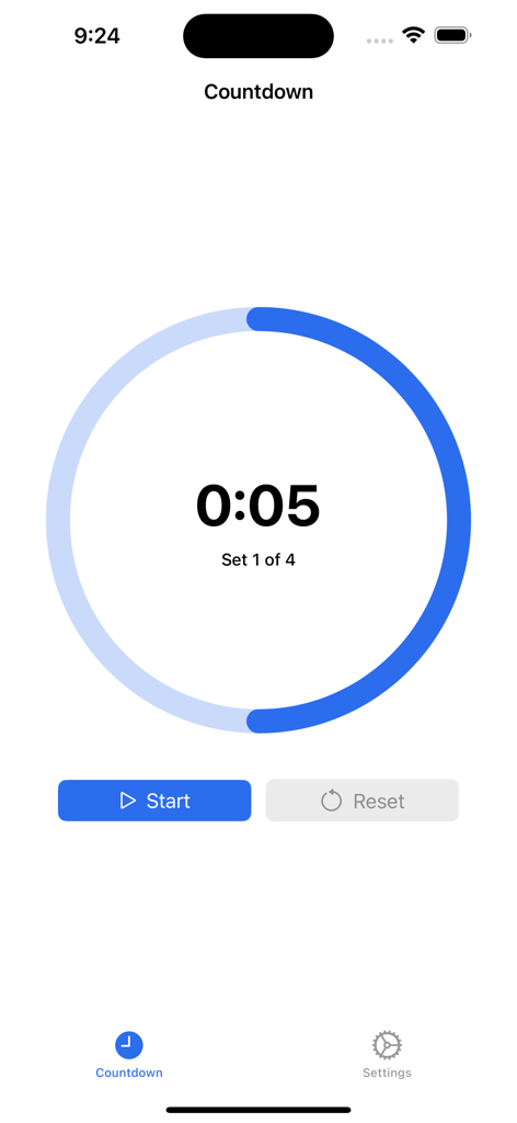 Oft: Fitness Timer - Oft fitness timer interface showing five seconds remaining for set one of four
