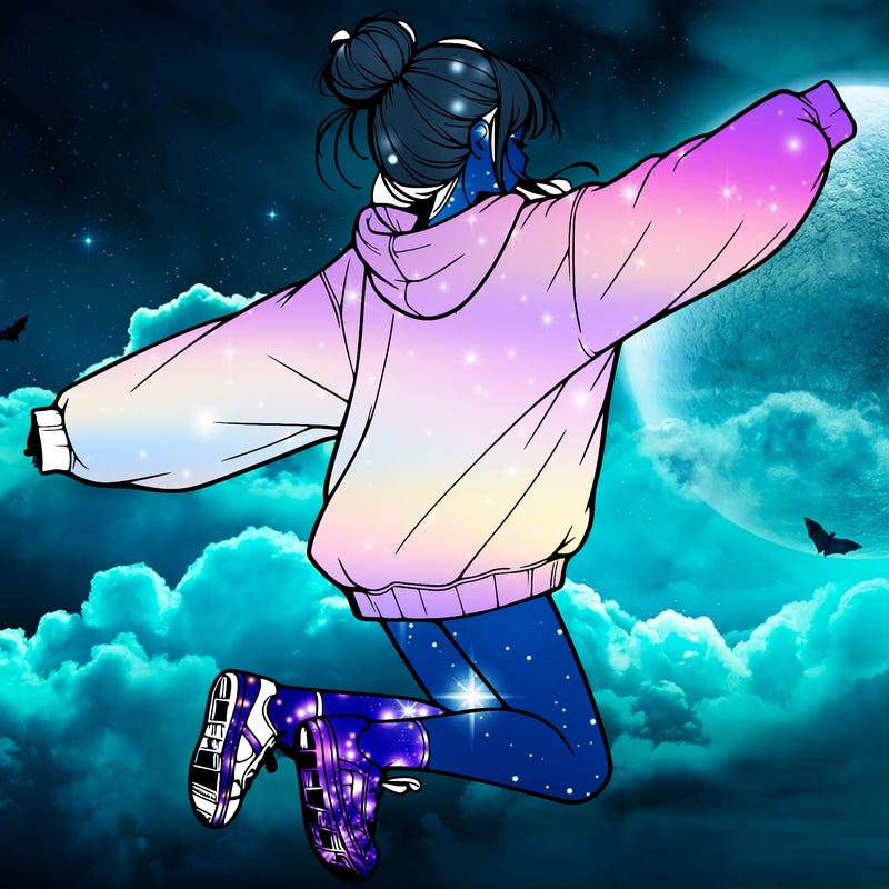 realistic girl jumping with a bun and oversized sweatshirt