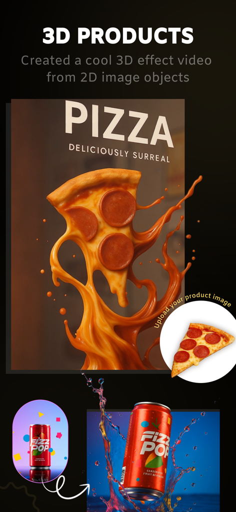 AI CGI Ads Studio: Video Ads - AI CGI Ads Studio app showing the transformation of 2D product images into 3D cinematic video advertisements