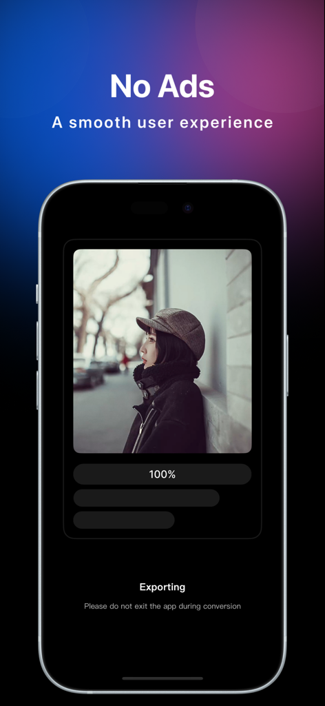 Smartphone screen showing the quickLive app exporting a video to a live photo with a no ads message.