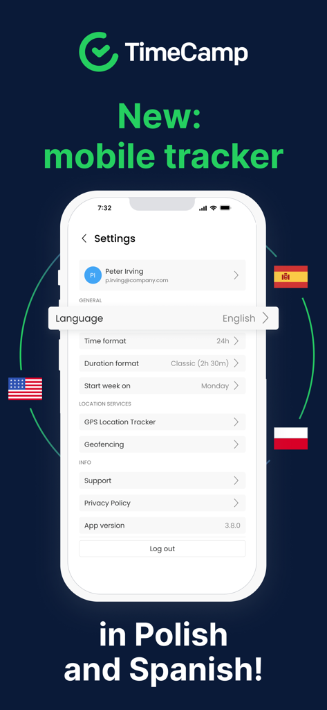 Pantalla de configuración de la aplicación TimeCamp destacando el soporte para los idiomas polaco y español