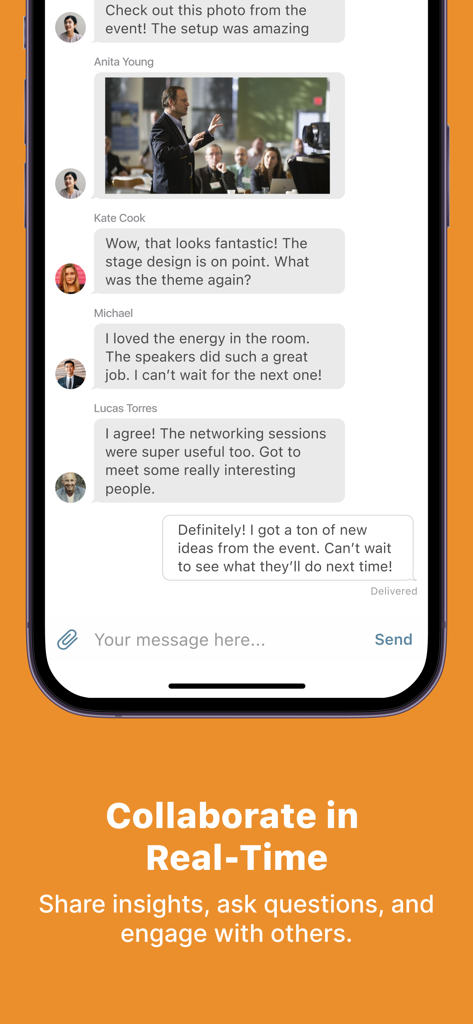 AMTConnect - Mobile chat interface of AMTConnect app showing real-time collaboration and networking between healthcare professionals