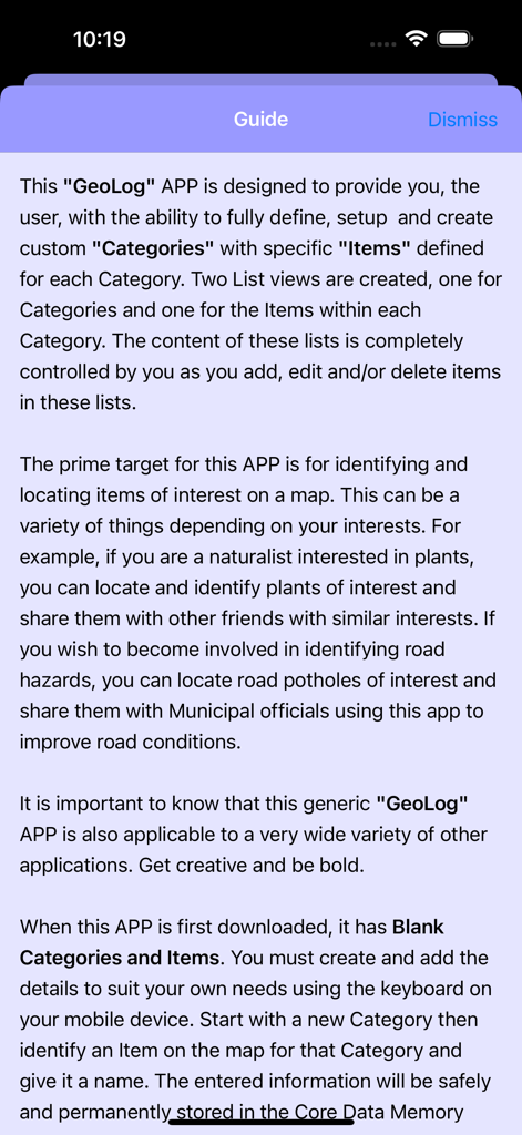 GeoLog - Introductory guide screen for GeoLog app explaining custom location categories and map items
