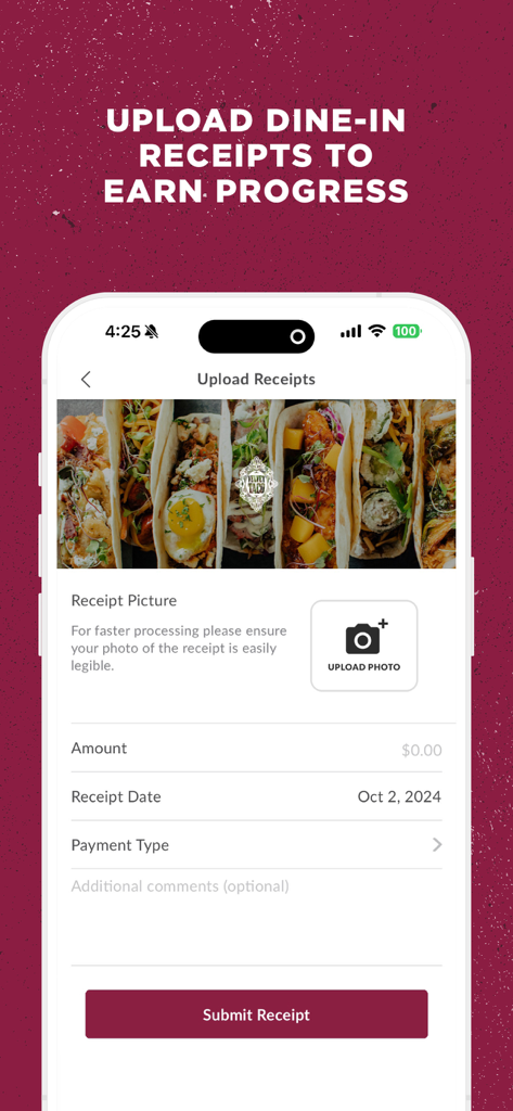 Velvet Taco - Velvet Taco app screen showing the upload receipt feature to earn loyalty rewards progress
