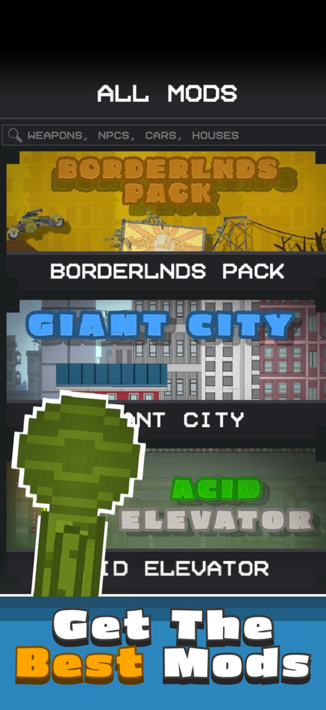 FruitMod: Melon Ragdoll Mods - Un menu che mostra una varietà di pacchetti di mod scaricabili per Melon Playground, tra cui Borderlands e Giant City