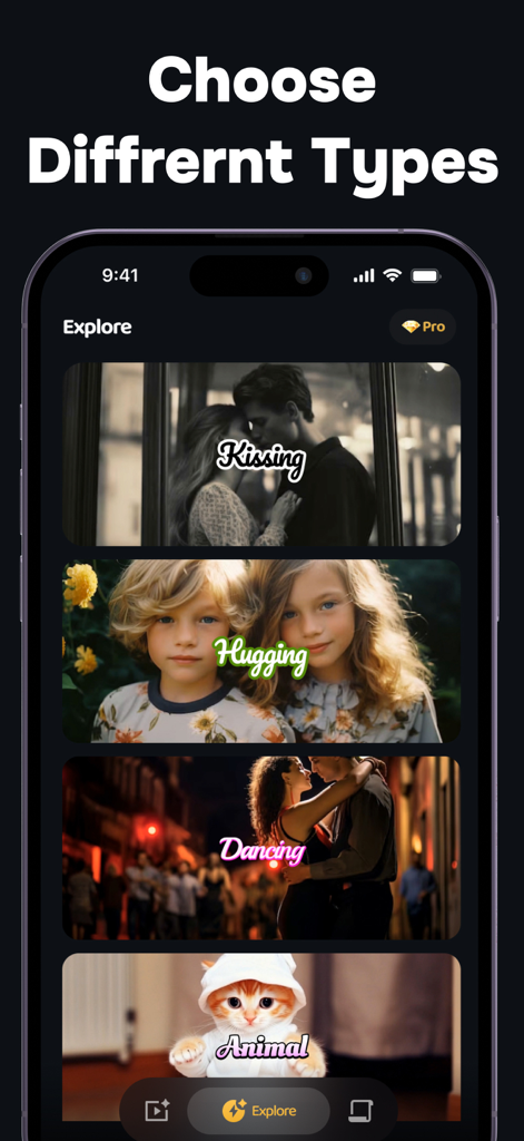 AI Videos: Hug, Kiss & Dance - App screen showing AI video generation categories for kissing hugging dancing and animals
