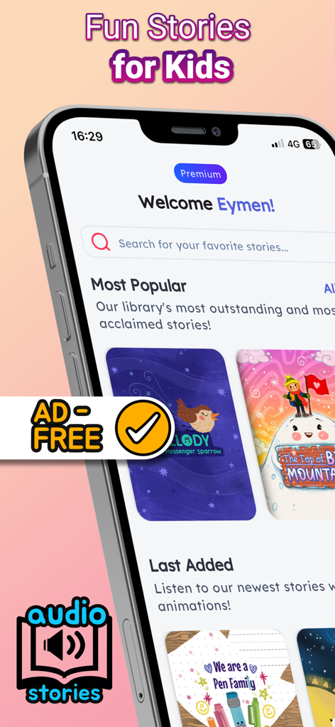 TellPal: Kids Bedtime Stories - TellPal mobile app interface featuring ad-free audio stories for children